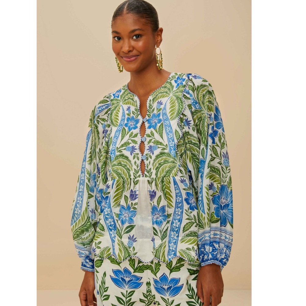 FARM Rio Off-White Tropicance Wavy Yoke Blouse Size XS NWT